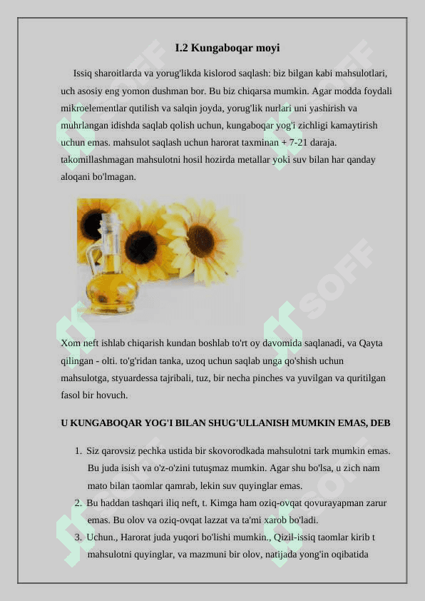 Kungaboqar moyini neytrall idishlarga qadoqlash texnologiyasi kurs ishi 8