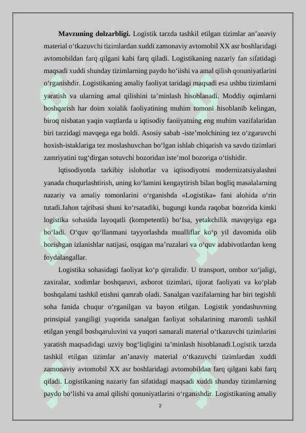 LOGITIKADA   MODDIY OQIMLAR   TUSHUNCHASI   MOHIYATI VA  TASNIFI. 2