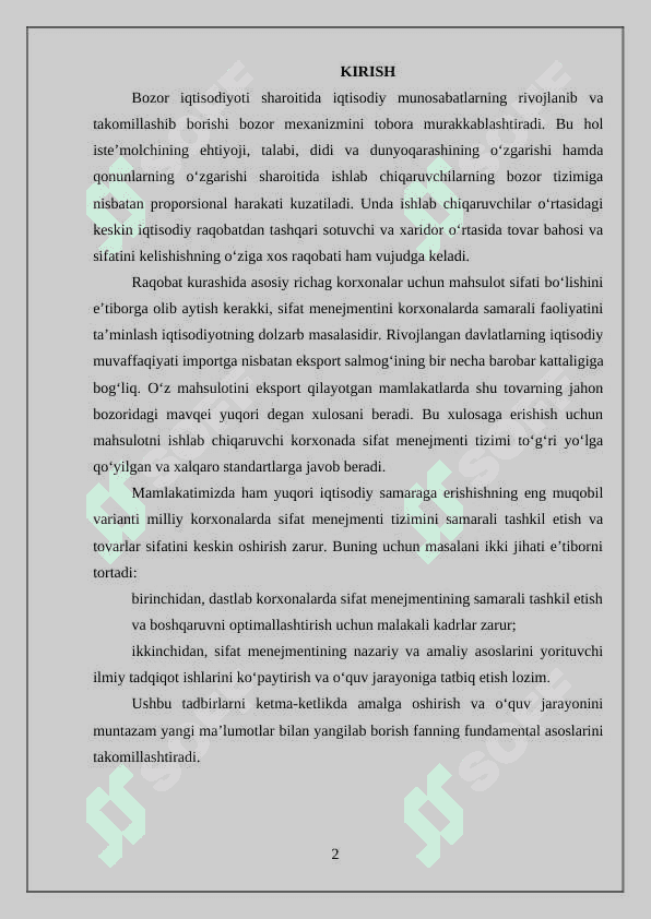 Mahsulot sifatini boshqarish mexanizmi 2