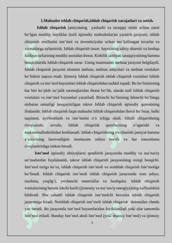 Mahsulot ishlab chiqarish hajmi va narxni shakllanish xususiyatlari 5