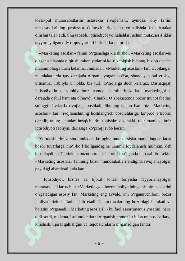 MARKETING ASOSLARI FANINING PREDMETI, MAZMUNI VA VAZIFALARI Kurs ishi 5