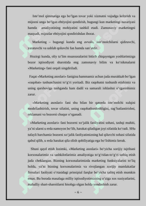MARKETING ASOSLARI FANINING PREDMETI, MAZMUNI VA VAZIFALARI Kurs ishi 6
