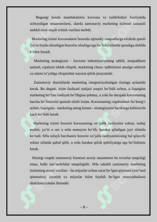 MARKETING ASOSLARI FANINING PREDMETI, MAZMUNI VA VAZIFALARI Kurs ishi 8