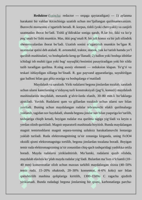 Reduktor karterini difrensiallar va uning quti chashkalarini detallarini tiklash 2