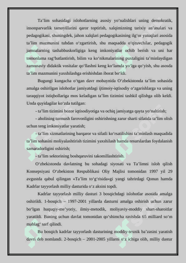 O‘zbekiston Respublikasida ta’lim sohasida amalga oshirish 2