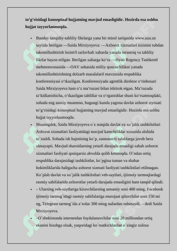 O‘zbekistonda axborot kommunikatsiya sohasini rivojlantirishdagi asosiy yo‘nalishlari, amaldagi qonunlar, O‘zbekiston Respublikasi Prezidenti farmonlari va Vazirlar Maxkamasining qarorlari 4