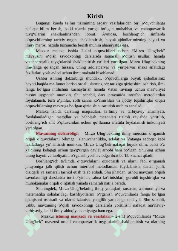 2- sinf o‘qish savodxonligi darslarida  “Mirzo Ulug‘bek’’ mavzusida o‘quvchilarda vatanparvarlik tuyg‘ularini shakllantirish usullari 4