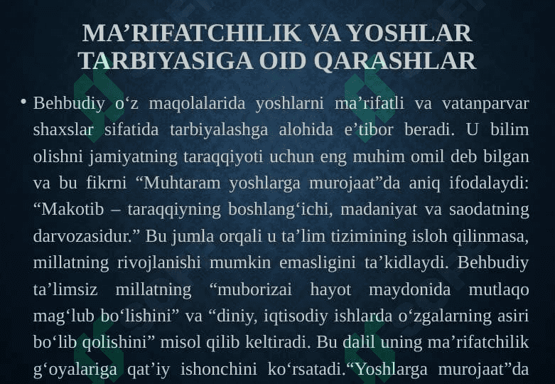 Mahmudxoʻja Behbudiyning  “Yoshlarga murojaat” va  “Muhtaram yoshlarga murojaat” maqolalarini tahlili 25 6