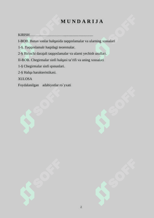 Butun sonlar halqasida taqqoslamalar va ularning xossalari.Chegirmalar sinfi halqasi 2