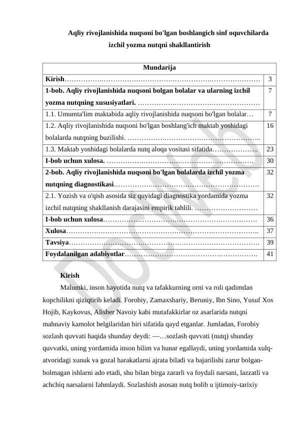 Aqliy rivojlanishida nuqsoni bo'lgan boshlangich sinf oquvchilarda izchil yozma nutqni shakllantirish
