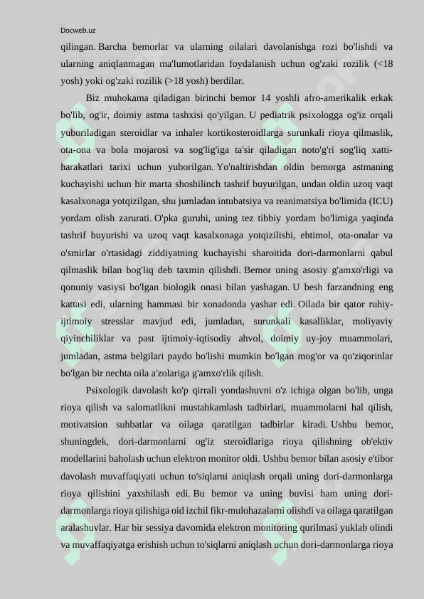 BOLALAR KASALLIKLARIDA BEMORLAR PSIXOLOGIYASI MASALALARI 8