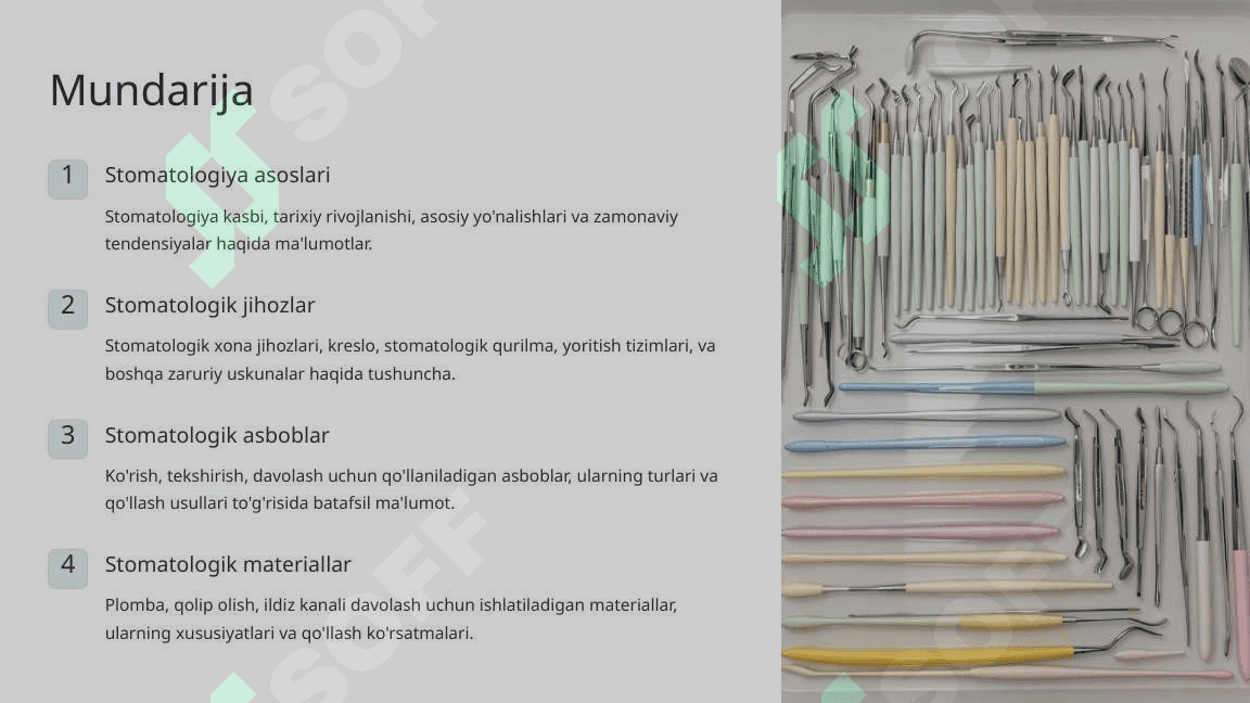 Mutaxasislikka kirish. Stomatologiya amaliyotida qo‘llaniladigan ashyo va asboblar. Ularga qo‘yiladigan talablar. 2