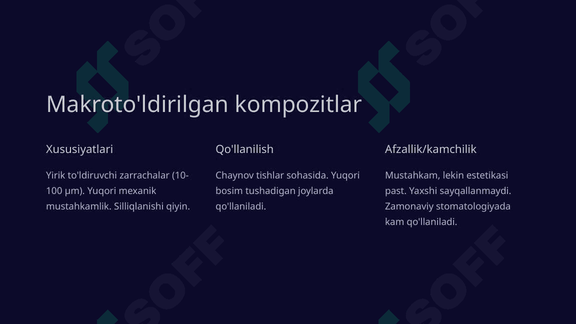 Kompozit plomba ashyolari. Tasnifi. Kimyoviy va nur yordamida qotuvchi kompozitlar 8
