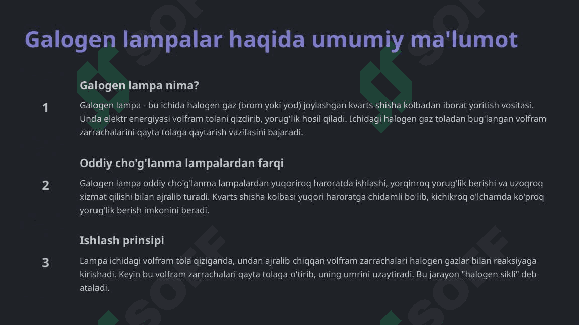 Galogen lampa turlari, qo‘llanilishi. 2