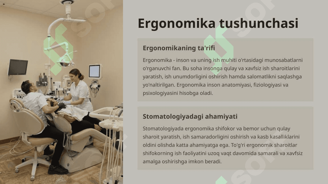 Mutaxasislikka kirish. Ergonomika. Stomatologik xonaning jihozlanishi. 4