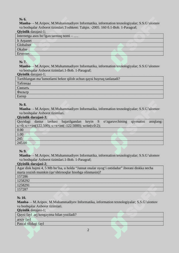 INFORMATIKA VA AXBOROT TEXNOLOGIYALARI FANIDAN TEST 2