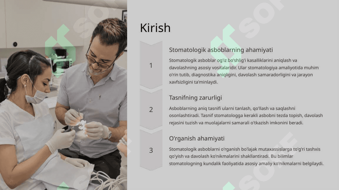 Stomatologik asboblarning tasnifi. Ko‘rish va plombani qorish va qo‘yishda ishlatiladigan asboblar. 2