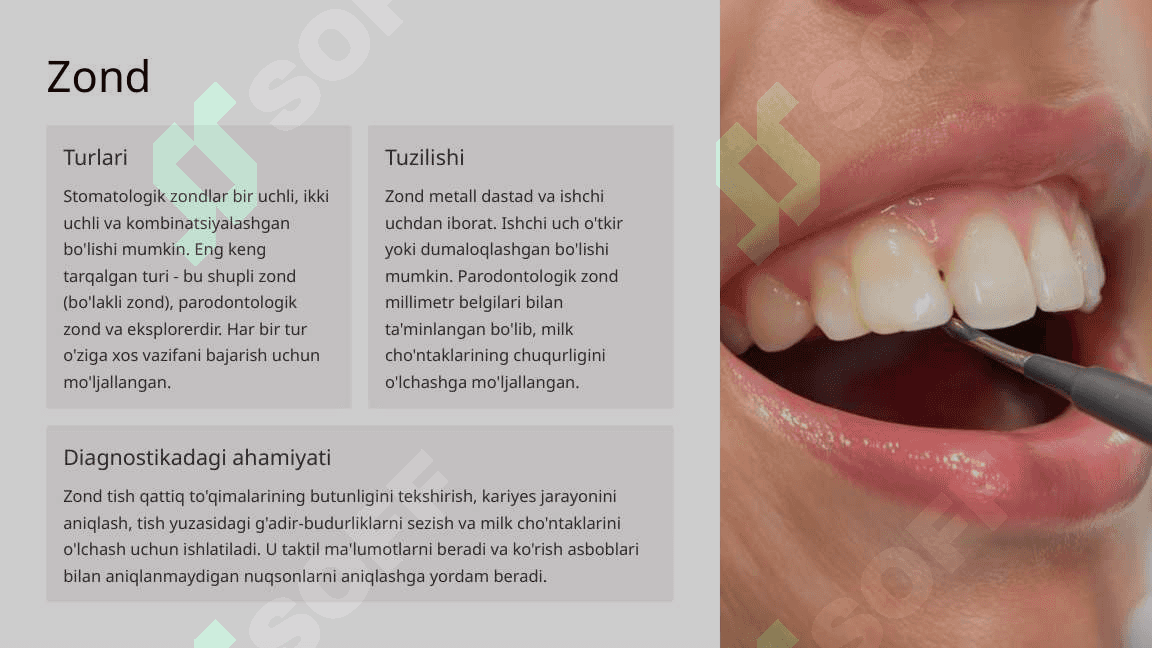 Stomatologik asboblarning tasnifi. Ko‘rish va plombani qorish va qo‘yishda ishlatiladigan asboblar. 6