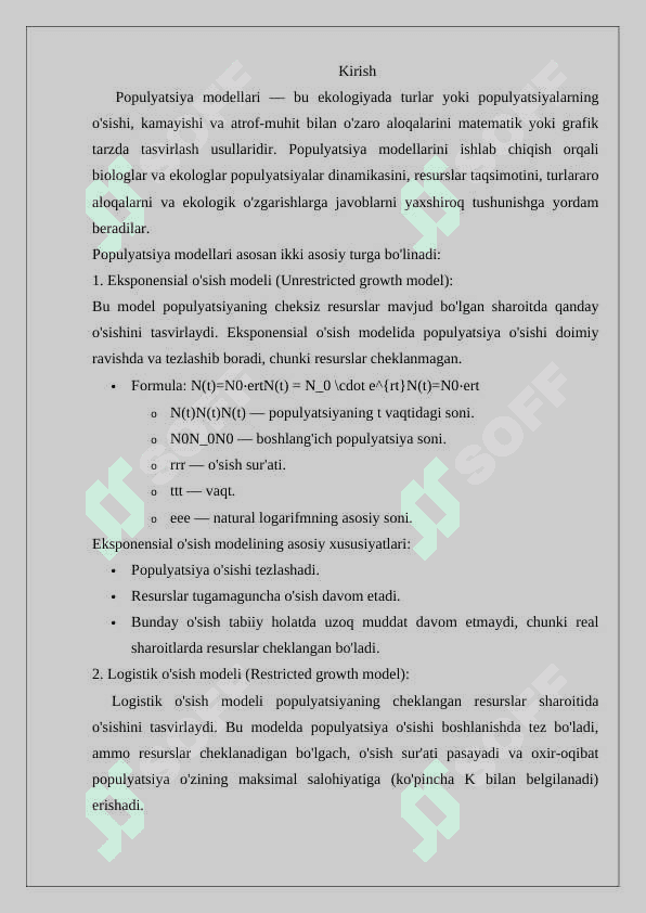Populyatsiya soni o’sishining eksponensial modeli. O’sish tezligi 2