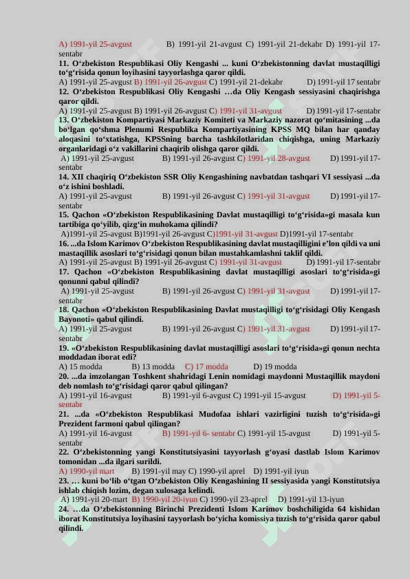 O`zbekistonning eng yangi tarixi fanidan yakuniy nazorat savollari 2