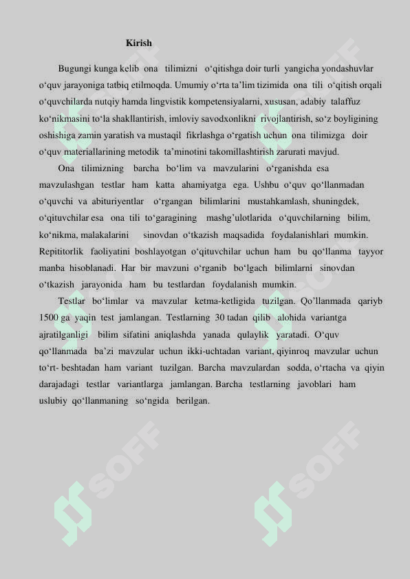 Ona tili fanidan 1500 mavzulashgan testlar to'plami 2025 2