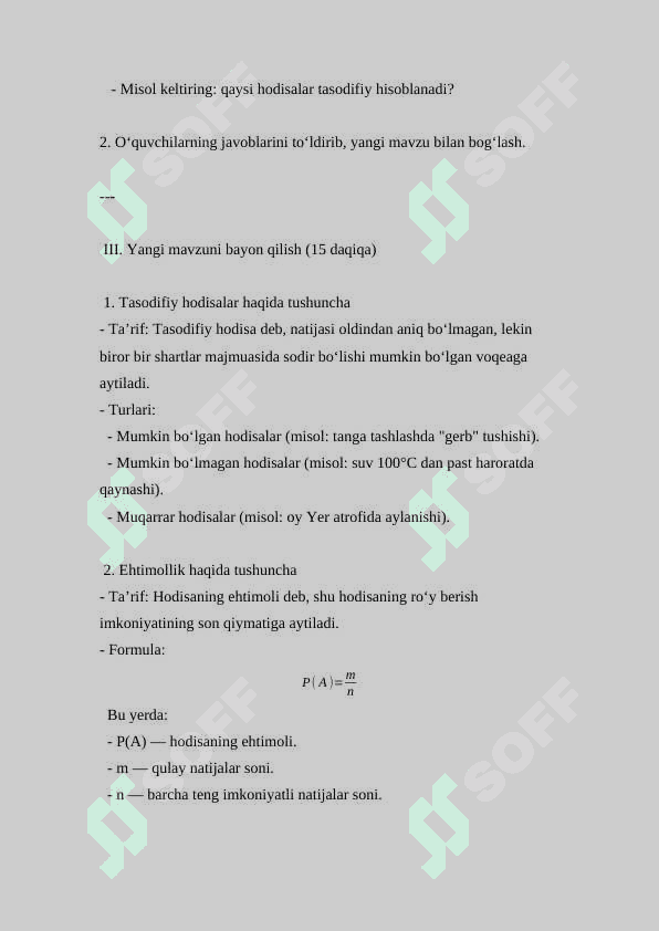Tasodifiy hodisalar va ularning ehtimolligi ( Dars ishlanmasi ) 2
