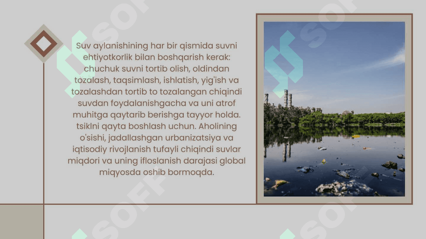 OQAVA VA CHIQINDI  SUVLARNI SIFATI VA ULARNING SUG'ORISH UCHUN YAROQLILIGI ULARDAN SUG1ORISHDA FOYDALANISH. SUV MANBALARI ATROF MUHITGA TA'SIRI 6
