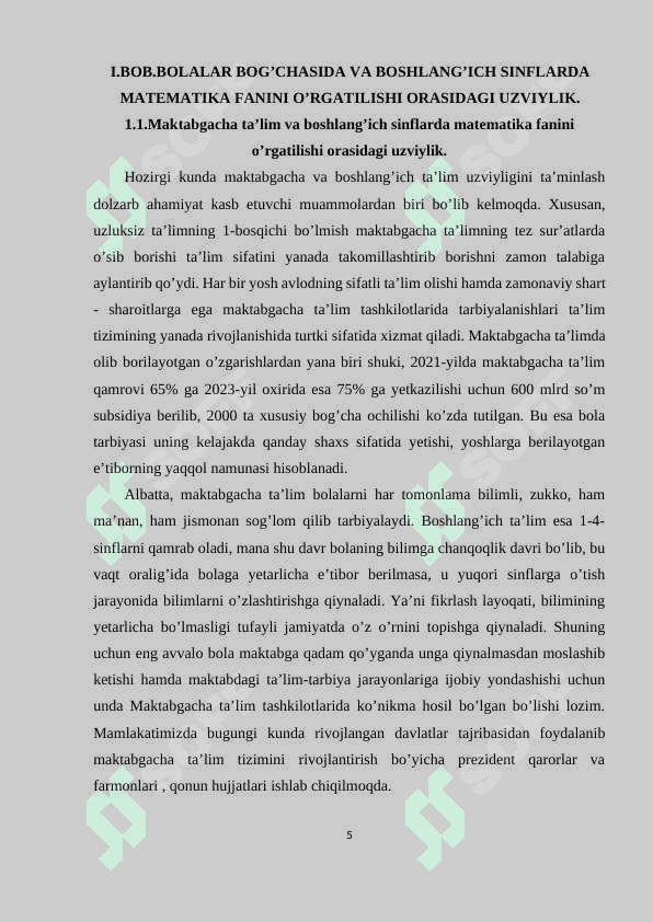 Bolalar bog’chasida va boshlang’ich sinflarda matematika fanini o’rgatilishi orasidagi uzviylik 5