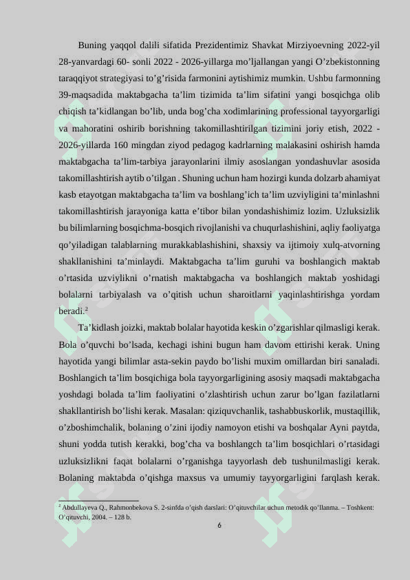 Bolalar bog’chasida va boshlang’ich sinflarda matematika fanini o’rgatilishi orasidagi uzviylik 6