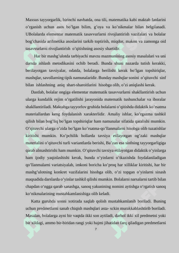 Bolalar bog’chasida va boshlang’ich sinflarda matematika fanini o’rgatilishi orasidagi uzviylik 7