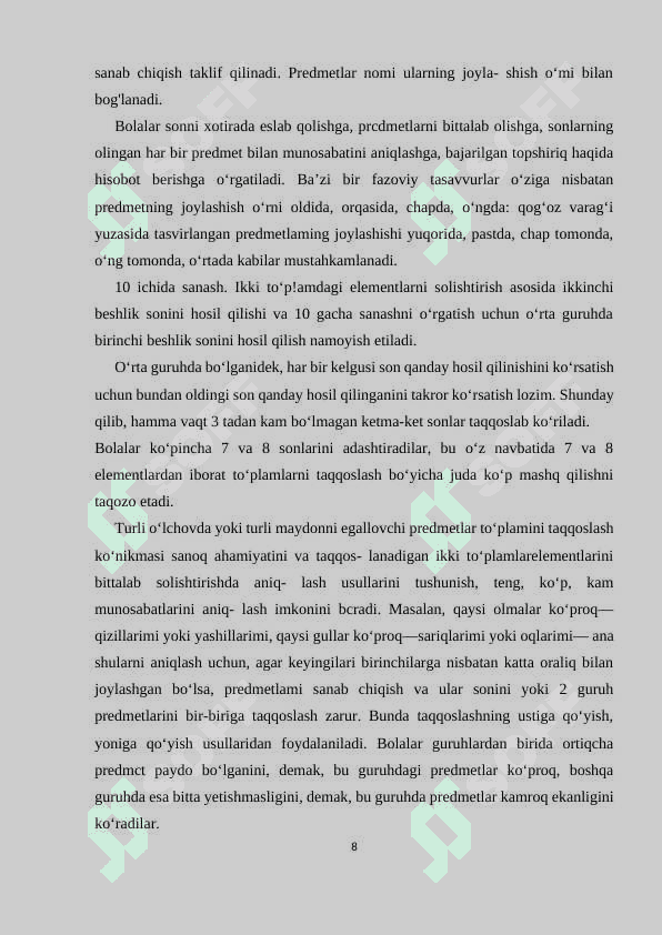 Bolalar bog’chasida va boshlang’ich sinflarda matematika fanini o’rgatilishi orasidagi uzviylik 8