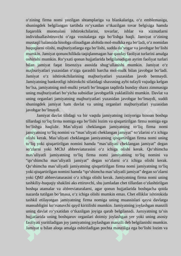 MAS’ULIYATI CHEKLANGAN JAMIYAT BILAN BOG’LIQ      UMUMIY QOIDALAR HAMDA ULARNING MAZMUN-MOHIYATI 3