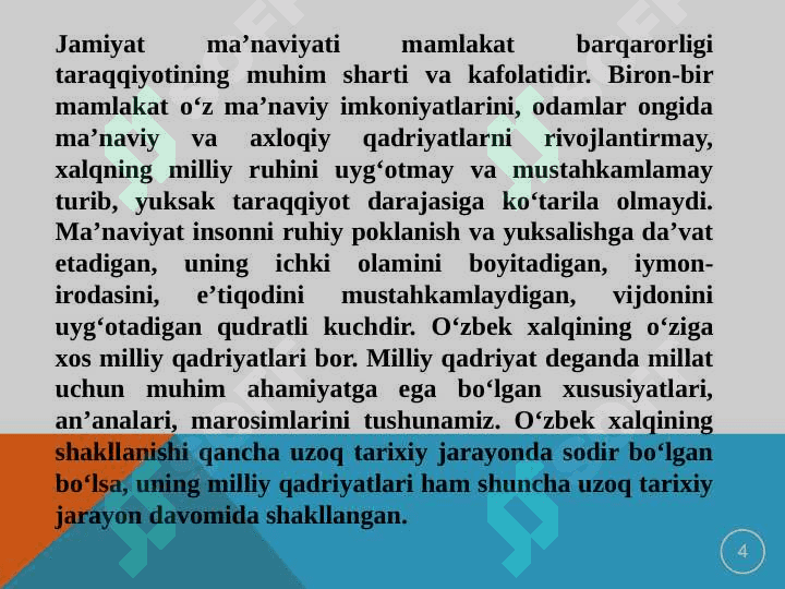 MUSTAQILLIK YILLARIDA O‘ZBEKISTONNING MA’NAVIY VA MADANIY TARAQQIYOTI 4