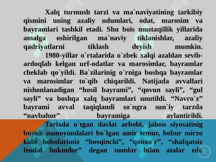 MUSTAQILLIK YILLARIDA O‘ZBEKISTONNING MA’NAVIY VA MADANIY TARAQQIYOTI 5