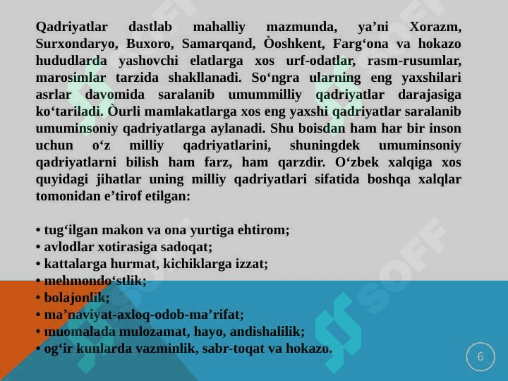 MUSTAQILLIK YILLARIDA O‘ZBEKISTONNING MA’NAVIY VA MADANIY TARAQQIYOTI 6