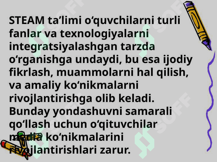 STEAM ta’lim texnologiyasini qo‘llashda o‘qituvchilarning media ko‘nikmalarini rivojlantirish bo‘yicha darslarni kuzatish orqali yangi bilim va tushunchalarni shakllantirish. 3