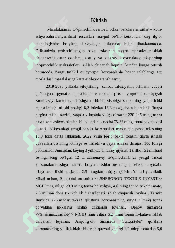 Riter firmasi uskunalari bilan jihozlangan quvvati 6 tarash mashinasi bo’lgan,yigirish korxonasining texnologik loyihasi ishlab chiqilsin 3