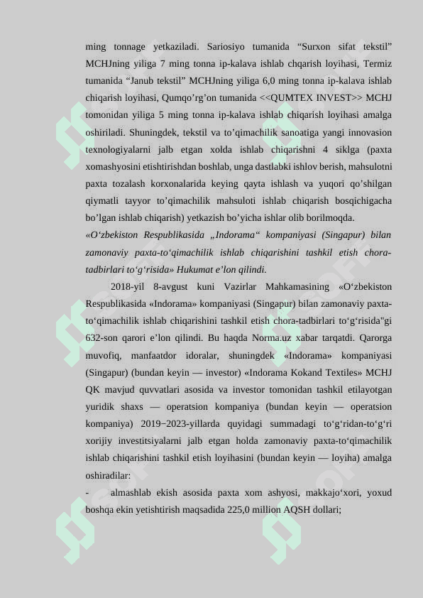 Riter firmasi uskunalari bilan jihozlangan quvvati 6 tarash mashinasi bo’lgan,yigirish korxonasining texnologik loyihasi ishlab chiqilsin 4