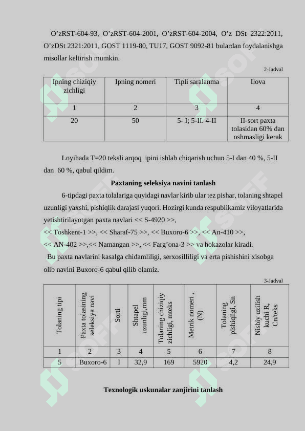 Riter firmasi uskunalari bilan jihozlangan quvvati 6 tarash mashinasi bo’lgan,yigirish korxonasining texnologik loyihasi ishlab chiqilsin 7