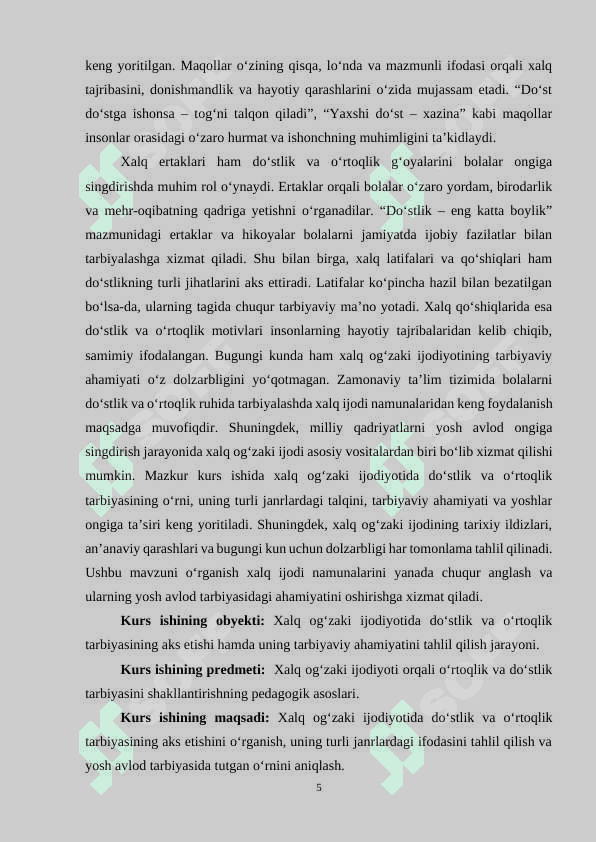 XALQ OG‘ZAKI IJODIYOTIDA O‘RTOQLIK, DO‘STLIK TARBIYASI 5