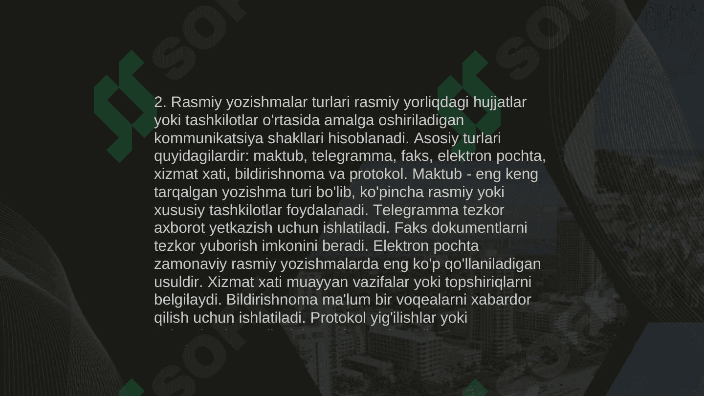 Ish yuritish tili va uslubi. Xizmat yozishmalari bilan ishlash texnologiyalari. 4