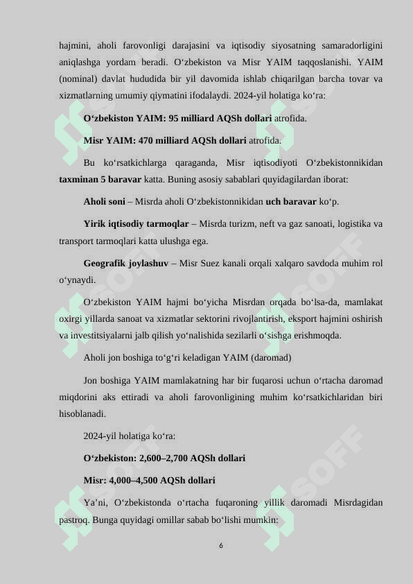 O'zbekiston va Misr makroiqtisodiy ko'rsatkichlarini solishtirish. 7