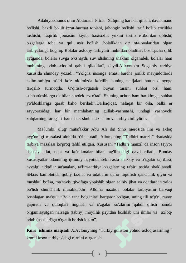 ABDULLA AVLONIYNING “TURKIY GULISTON  YOHUD AXLOQ” ASARINING KOMIL INSON TARBIYASIDAGI O`RNI 3