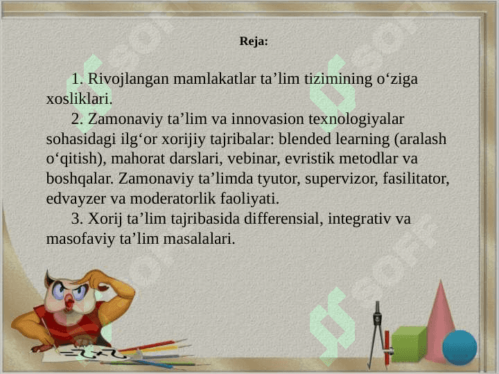 Xorijda maktabgacha ta`lim fanining predmeti. Jahon mamlakatlari ta’limi taraqqiyotining ayrim masalalari 2