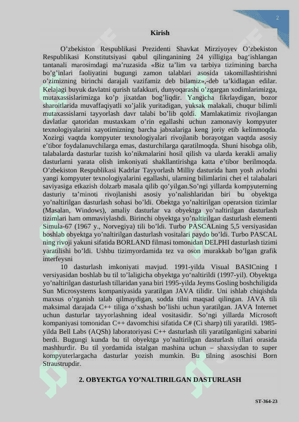 OBYEKTGA YO‘NALTIRILGAN DASTURLAR HAQIDA UMUMIY TUSHUNCHALARDA DOIR MISOLLAR KELTIRING VA ULAR XAQIDA YOZING 2