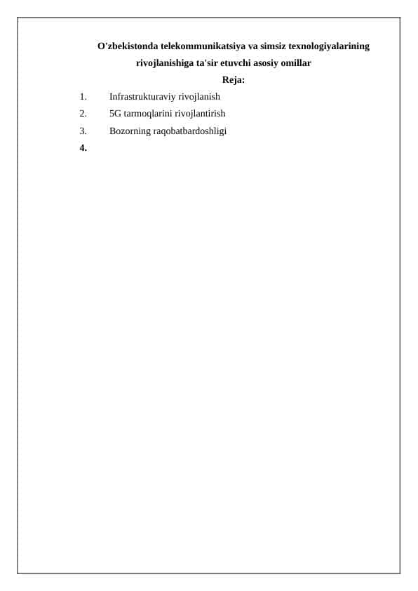O'zbekistonda telekommunikatsiya va simsiz texnologiyalarining rivojlanishiga ta'sir etuvchi asosiy omillar