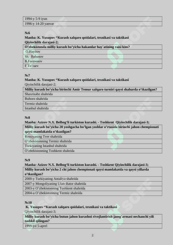 Kurash turlari uni o‘qitish metodikasi fanidan testlari 2