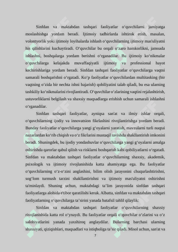 BOSHLANG‘ICH TA’LIM TIZIMIGA SINFDAN TASHQARI ISHLARNI REJALASHTIRISH. 7