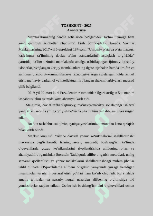"Savod o‘rgatish davri yozuv darslarida imlo ustida ishlash" kurs ishi 2