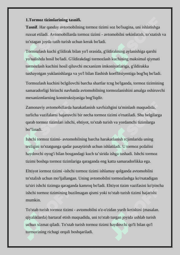 Tormoz tizimlarining tasnifi va tuzilishi 2
